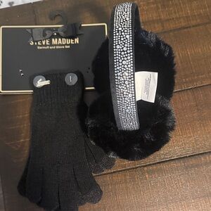 Steve Madden Black and Silver Earmuff and Glove Set Bling NEW